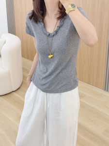 BINKAFENNY | Plus Size Womens Grey Short Sleeve T-Shirt With Lace Trimming Slimming Design Summer Top For Fat MM Comfortable Korean Style