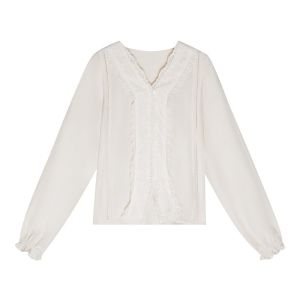 Apricot Lace Edging V-Neck Loose Fitting Versatile Spring New Style Blouse