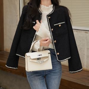 French Style Short Quilted Black Outerwear for Women Autumn 2024 New Fashion High End Rich Girl Top Quality Polyester Fiber