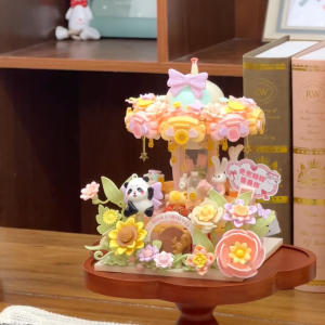 Floral Carousel Building Blocks Toys Set with Panda & Bunny Creative Flower Garden Construction Toy