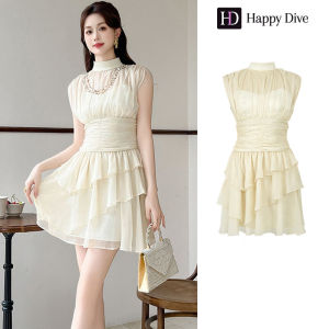 Happy Diva เดรสผู้หญิง เดรสสีครีม เดรสทรงเอ เดรสชีฟอง เดรสทำงาน เดรสไฮโซ เดรสวินเทจ เดรสออกงาน เดรสปาร์ตี้ ชุดราตรี 61018