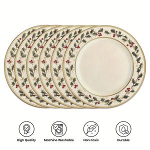 VIKAMA 6PC Holly Berry Christmas Mat Green Winter Leaves Red Berry Snowflake Table Restaurant Christmas Decoration