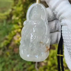 Super Rare Highly Translucent Icy Variety Hugh Old Mine with Specify Gravity at 3.34 Natural Type A Jadeite pendant NGI Gemstone report weight 158.06 grams 72.76 * 37.43 * 7.26 mm Carved as Guanyin colorless with patches of brown (pendant128)