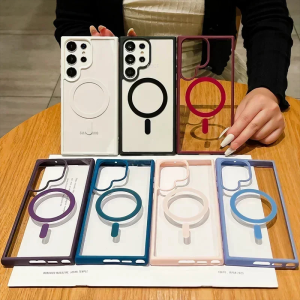 เคสซัมซุงกันกระแทกสีมาการอง ซัมซุงกาแล็กซี่ For Samsung Galaxy S24 S23 S22 S25 Ultra Plus S23FE อัลตร้าพลัสไร้สายชาร์จคริลิคกันชนกรณีโทรศัพท์กรอบฝ้ากรณีแม่เหล็ก