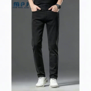 Mens Cotton Blend Solid Denim Trousers With Pockets Causal Breathable Slim-fit Jeans For Outdoor Activities