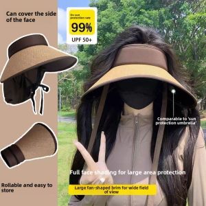 Womens Summer Large Brim Straw Woven Sun Hat Neck Protection Foldable Empty Top Shoulder Lengthened Polyester Fabric Hat