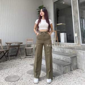 𝑳𝒂𝒚𝒍𝒂🧸กางเกงคาร์โก้ ขากระบอก เอวสูง กระดุมหน้า กางเกงคาร์โก้ผู้หญิง