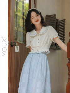 YOUXIANG | Áo Blouse Phong Cách Pháp Tay Ngắn Màu Trắng