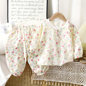 Summer Cotton Sleepwear Set for Kids Thin Breathable Long Sleeve Pants