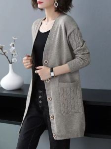 Womens Loose Long Knitted Cardigan Sweater Open Front Style Autumn Winter Outerwear Fashionable V-Neck Button Detail