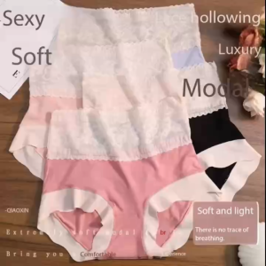 Lace-Patch High Waist Cotton Panty Breathable Soft Hip Lift Underwear Daily Panties 1pcs