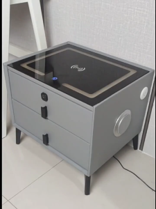 MC-home Smart bedside table with three drawers three-color lights wireless charging Bluetooth speaker fingerprint lock minimalist modern leather-wrapped design
