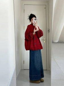 XUECAIQI | Spring New Year Korean Style Red Knit Sleeve Top Trouser Sets