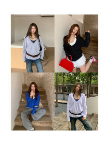 Orange Tree Large V-neck Long Sleeve T-shirt Womens Autumn Outerwear Pure Desire Slimming Personality Top Commute Style Korean Version