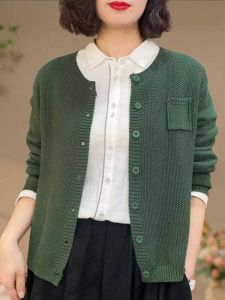 เสื้อคาร์ดิแกนถักคอตตอนแขนยาวหลวมๆ สไตล์เกาหลี สำหรับผู้หญิง ฤดูใบไม้ร่วง 2024 แฟชั่นลำลอง เสื้อคลุมคาร์ดิแกน