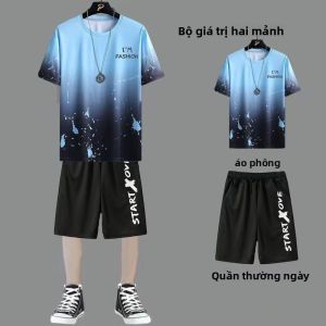 Bộ Đồ Thể Thao Nam Mùa Hè Ice Silk Tay Ngắn Thường Ngày Thời Trang Hợp Thời Trang Quần Short Thương Hiệu Hàn Quốc Chất Liệu Vải