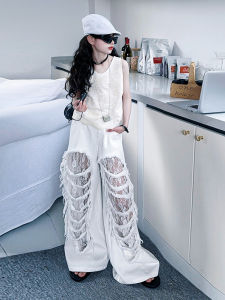 White Lace Hole Denim Jeans for Girls Jazz Performance Fashionable American Style Childrens Trendy Outfit Showcasing Personality