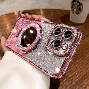 Luxury Diamond Clear Glitter Magsafe Case For iPhone 17 16 15 14 13 12 11 Pro Max Plus Mirror Magnetic Phone Holder Stand Cover