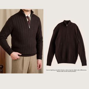 Wool Blend Fitted Stand Collar Ribbed Sweater Men