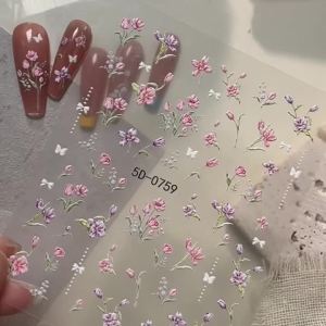 1Pc 5D Embossed Flower Nail Stickers Delicate Tulip Iris Cherry Blossom Patterns Self Adhesive Nails Decals For Spring Manicure