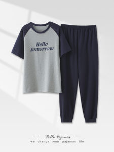 Plandoo Mens Summer Sleepwear Pure Cotton Short Sleeve Long Pants Home Clothes Lightweight Spring Autumn Cotton plus Size Set