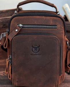 BULLCAPTAIN กระเป๋าสะพายไหล่มือถือสำหรับผู้ชายกระเป๋าโทรศัพท์คอมพิวเตอร์หนังขนาด10นิ้วหนังเครซีฮอร์สย้อนยุค