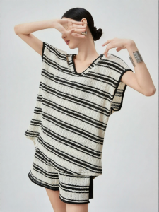 XIAODADEHUA | Lazy Style Striped V-Neck Hooded Loose T-Shirt Shorts Set