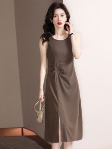 Summer New Womens Sleeveless Slim Fit Vest Dress Gored A-Line Midi Skirt Elegant Slit High Waist Pleated Long Gown