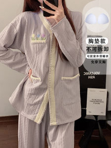 สีม่วงอ่อน ลายดอกไม้ ผ้าฝ้าย ชุดนอน ผู้หญิง แขนยาว คาร์ดิเกน ชุดอยู่บ้าน Pure ผ้าฝ้าย มีแผ่นรองหน้าอก ฤดูใบไม้ผลิ ฤดูใบไม้ร่วง แบบใหม่