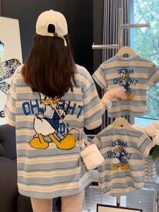 Summer Cartoon Striped Short Sleeve Parent-Child T-Shirts for Infants And Toddlers Breathable Knitted Cotton Polyester Blend