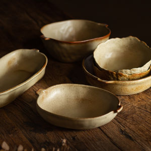 จานซุปดินเผาสไตล์ย้อนยุค จานเส้น จานผลไม้ จานสลัด จานปลา จานลูกแพร์สีเหลือง จานเปลี่ยนรูปแบบ จานลูกแพร์แบบไม่สมมาตร