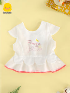 เสื้อยืดแขนสั้นลายเป็ดสีเหลืองสำหรับเด็กผู้หญิง ฤดูร้อน 2024 ทรงหลวม สไตล์หวาน เสื้อผ้าเด็ก ผ้าโพลีเอสเตอร์ 100% คอกลม