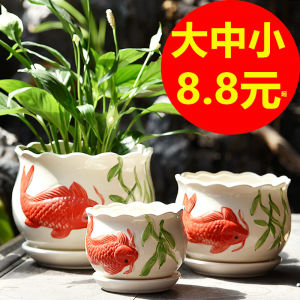 Simplified Ceramic Plant Pots Large Medium Size Balcony Home Use Green Ivy Dracaena Succulent Bulbous Orchid with Tray