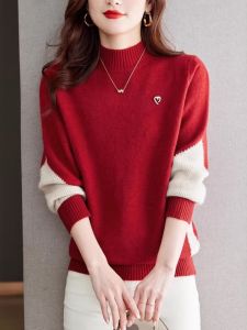 เสื้อสเวตเตอร์ถักหลวมคอสูงครึ่งตัวสำหรับผู้หญิง ฤดูใบไม้ร่วง/ฤดูหนาว 2025 ใหม่ เสื้อชั้นใน ผ้าฝ้ายผสมโพลีเอสเตอร์ แขนยาว ปกติ