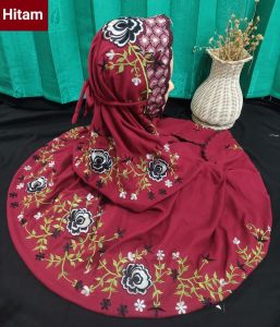 (COD) Mukena Terusan Dewasa Polino Kain Dasar Marun Motif Bordir Bunga Anggrek Indah Cantik