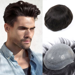 Men Human Hair Toupee 0.06mm Thin Skin Pu Male Wig Man Hair Prosthesis Natural Black Male Hair Replacement System Remy Hairpiece
