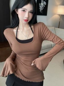 GUZILIAN | Slim Fit Long Sleeve Fleece-lined T-shirt With Bell Sleeve Slit Design Neck Hanging Vest Set For Young Women In Autumn