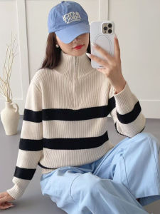 เสื้อสเวตเตอร์ถักแบบมีซิปครึ่งตัวสำหรับผู้หญิงในฤดูใบไม้ร่วงและฤดูหนาว เสื้อชั้นในแบบถักสำหรับผู้หญิง ทรงหลวม สไตล์เกาหลี เสื้อคลุมกันหนาวแบบสวมหัว