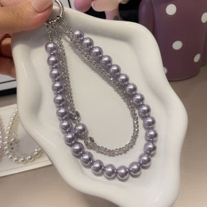 Purple Pink Pearl Shell Bead Crystal String Mobile Phone Lanyard Double Layer High-End Mobile Phone Chain Bag Hanging Ornament