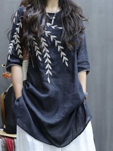 Womens Loose Large Size Cotton Linen Shirt for Summer Embroidery Mid Length Long Sleeve Crewneck Pullover