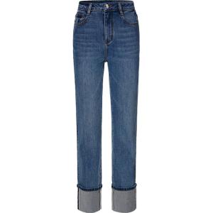 TAMMY TANGS | High Waist Cuffed Straight Leg Cotton Denim Blue Jeans Womens Casual Fashion Comfortable Stretchy Trousers Shopping Mall Same Style