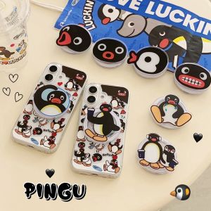 Cartoon Penguin Magnetic Acrylic Phone Case Stand Soft Edge 13 pro Max Compatible Creative 14 pro 15 pro Max Customizable