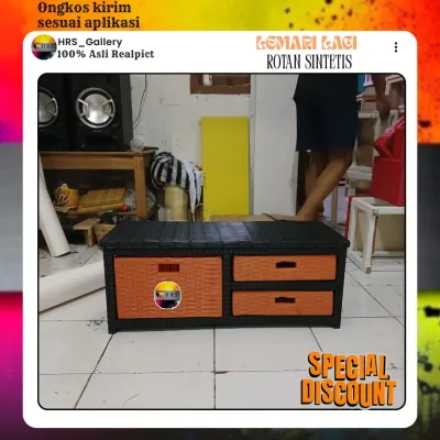 (Ready Stok)meja tv lemari laci 3 mini rotan sintetis harga langsung pengraji