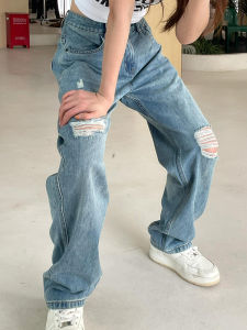 Blue Straight Leg Denim Jeans for Women with High Waist and Wide Legs Summer Thin Style Pear Shape Slimming Leggings