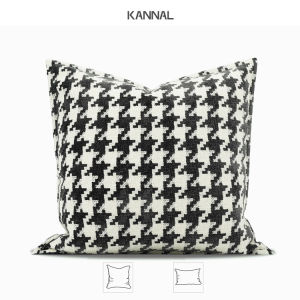 "Prime Time" Black and White Big Houndstooth Cotton and Linen Cushion Nordic Cushion Model Room Villa Square Pillow