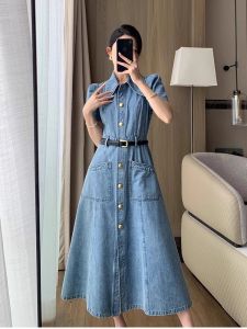 Retro Blue Polo Collar Denim Dress Womens Summer New High Waist Slimming Commute Long Dress Polyester Fiber Short Sleeve