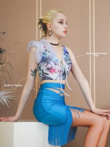 YJFY Dance | Latin Dance Set Lace Print Top Fringed Skirt