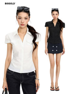 Double Pocket Turn-Down Collar Waist-Cinching Summer Short Sleeve Shirt