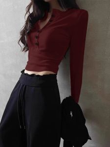 Áo Thun Nữ Tay Dài Màu Đỏ Rượu Vang Cay Mùa Thu Đông Cổ Chữ V Dáng Ôm Vừa Vặn Chất Liệu Khác Thường Ngày