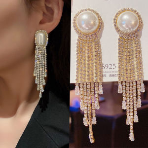 Korean Fashion Long Tassel Pearl Earrings Square Rhinestone Earrings Jewelry Accessories for Women Luxury Temperament Tassels Zircon Earrings for Girl